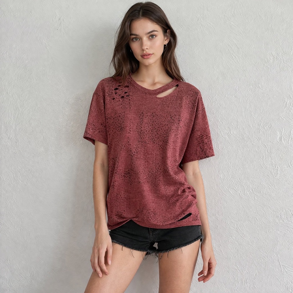 Cheetah Print Distressed Tee | Size XL | Edgy Boho Grunge